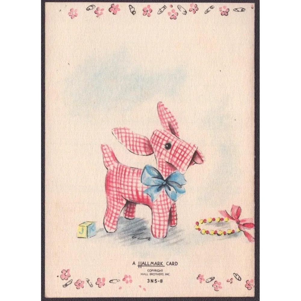 Vintage 1950s Hallmark Birth Announcement Card Pink Bunny Blocks Rattle